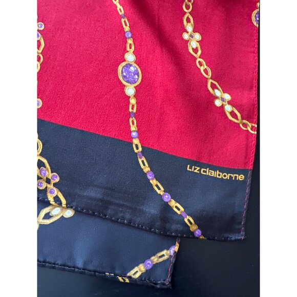 Liz Claiborne Red Silk Scarf With Gold Chain & Jewel Print Accents 56" x 11” Ele - Picture 2 of 3